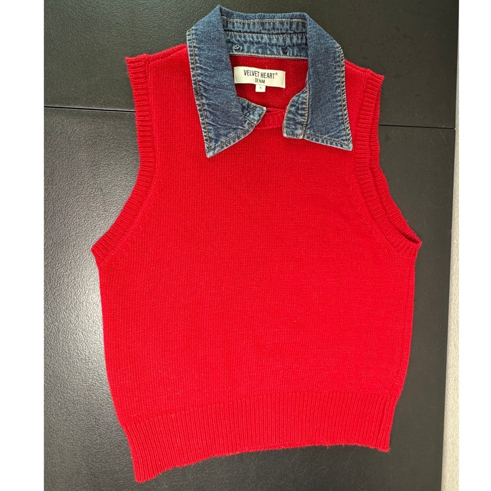 Velvet Heart Denim Collar Red Wool Blend Sleeveless Sweater SDA-24806 Womens